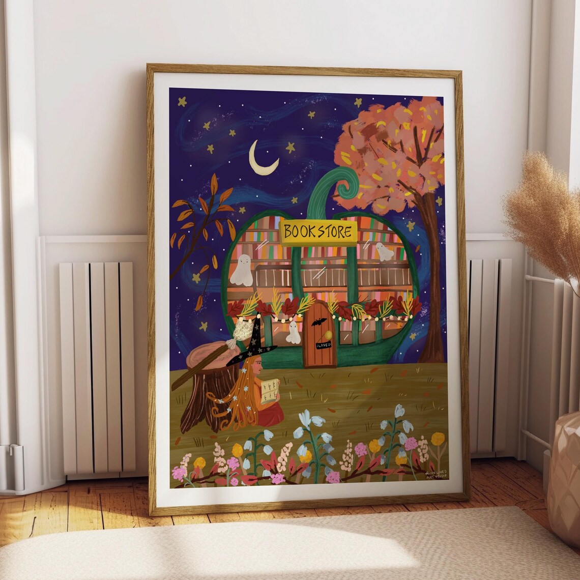 Spooky Halloween Pumpkin Bookstore Witch Night Book Nook Art Print