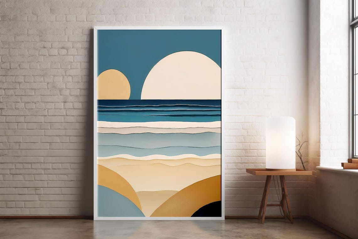 Minimalist Beach Abstract Ocean Waves Warm Sun Sunset Art Poster