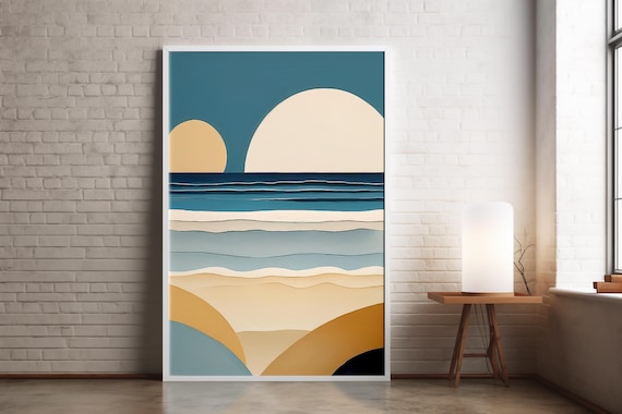 Minimalist Beach Art Print Abstract Ocean Waves Warm Sun