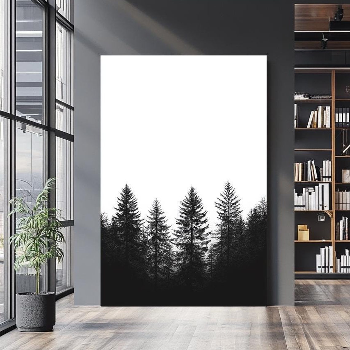 Minimalist Black Pine Forest Silhouettes White Background Serene Print