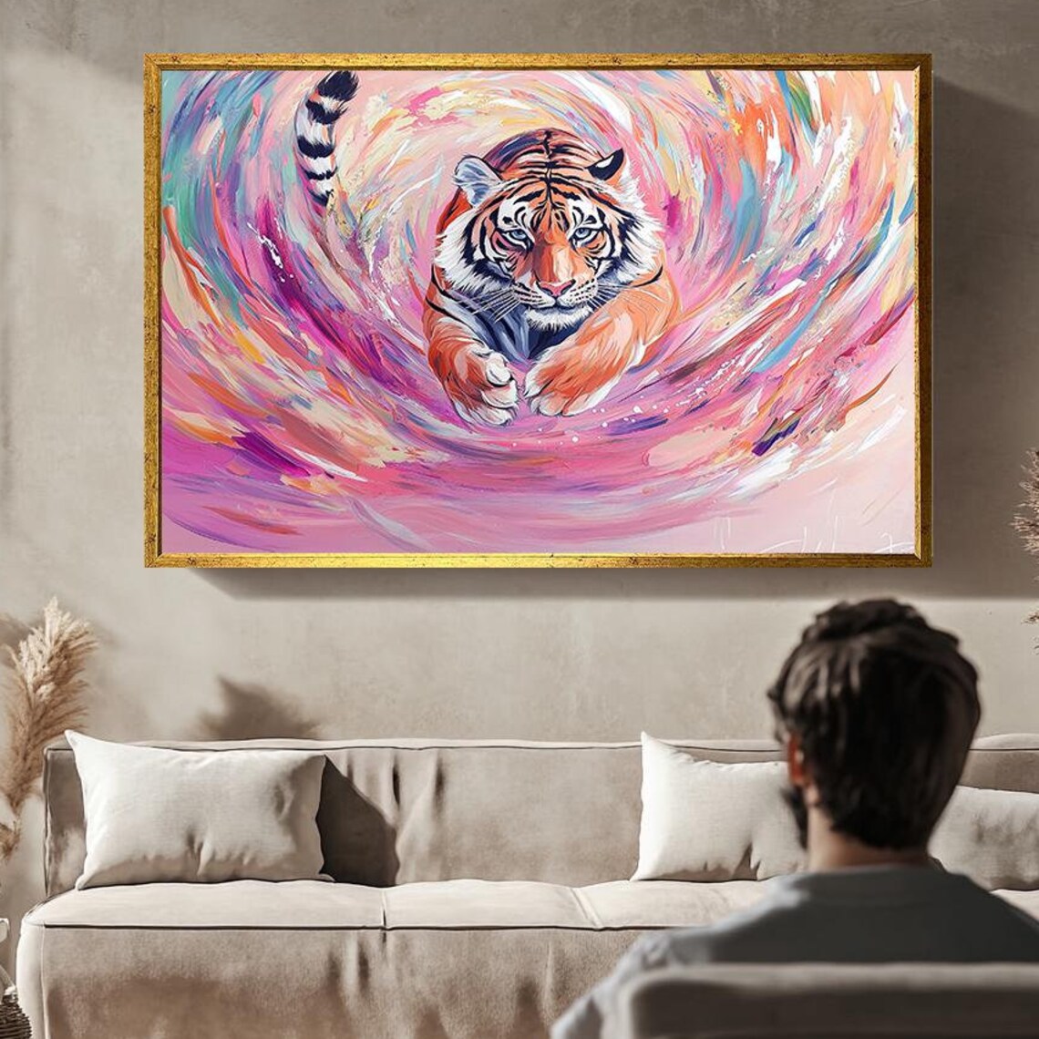 Dynamic Tiger Leaping Pink Vortex Colorful Abstract Wildlife Poster