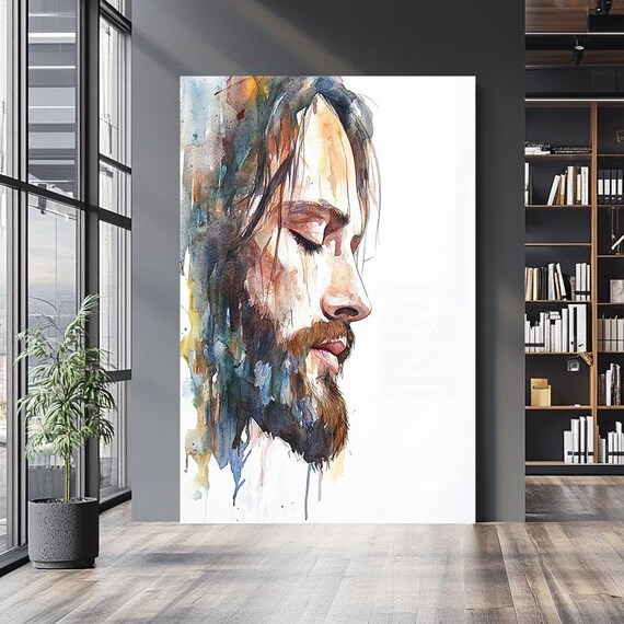 Jesus Christ Peaceful Watercolor Portrait Profile Eyes Closed Art Poster