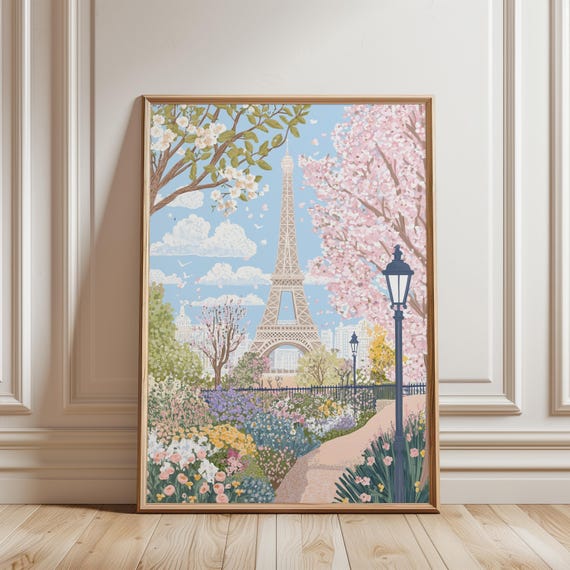 Pring Paris Print Eiffel Tower Garden Art French Pink Cherry Blossom Wall Decor Cottage Core Poster
