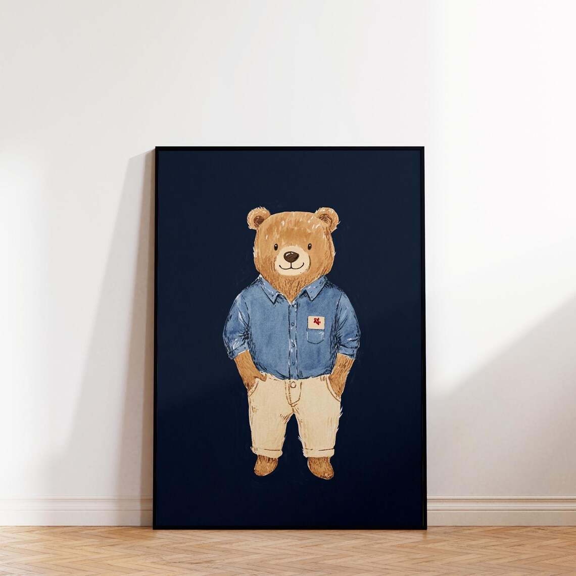 Casual Teddy Bear in Denim Shirt and Khaki Pants Cute Kids Room Poster - Image 2