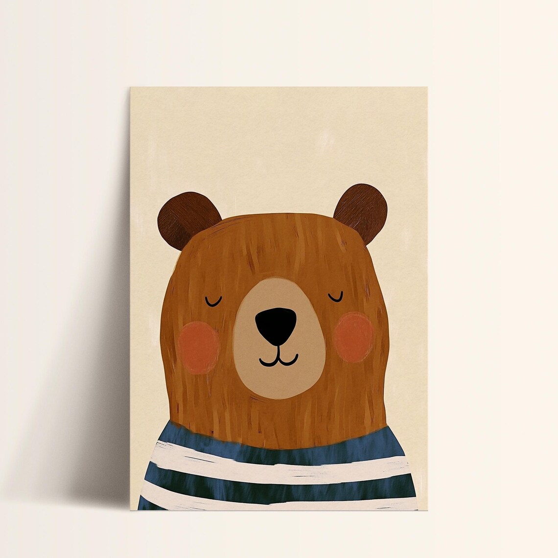 Sleepy Brown Bear Blue Striped Shirt Scandinavian Nursery Poster