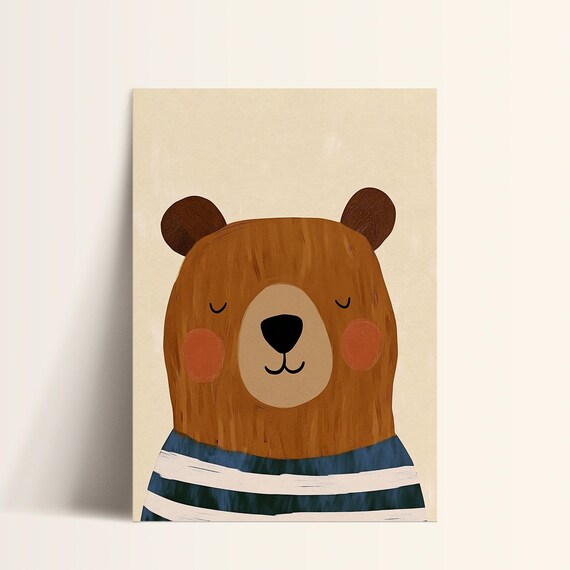 Sleepy Brown Bear Blue Striped Shirt Scandinavian Nursery Poster