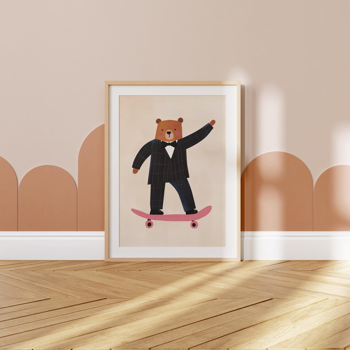 Dapper Bear Bow Tie Tuxedo Pink Skateboard Cute Nursery Wall Art Print - Image 3