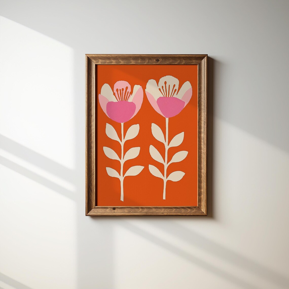 Retro Orange Pink Flower Print Mid Century Modern Botanical Wall Art - Image 2