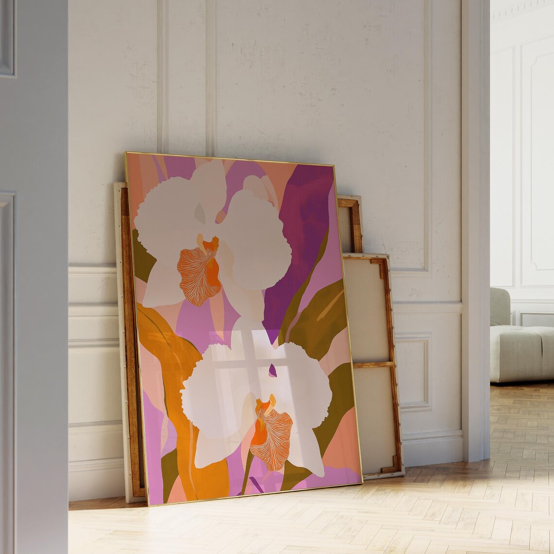 Abstract White Orchid Print Purple Orange Modern Floral Wall Art - Image 6