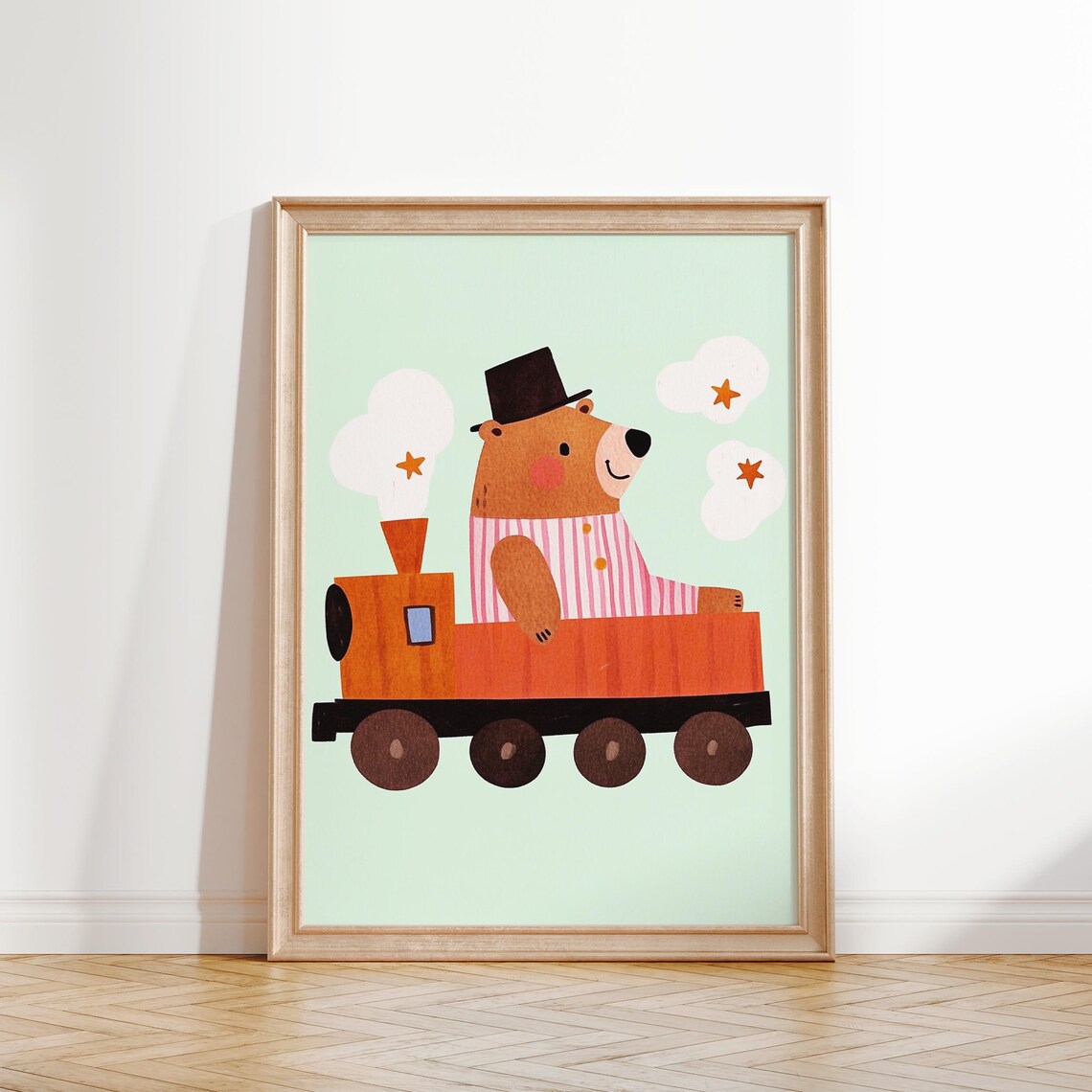 Bear In Top Hat Driving Orange Train Nursery Kids Animal Poster - Image 3