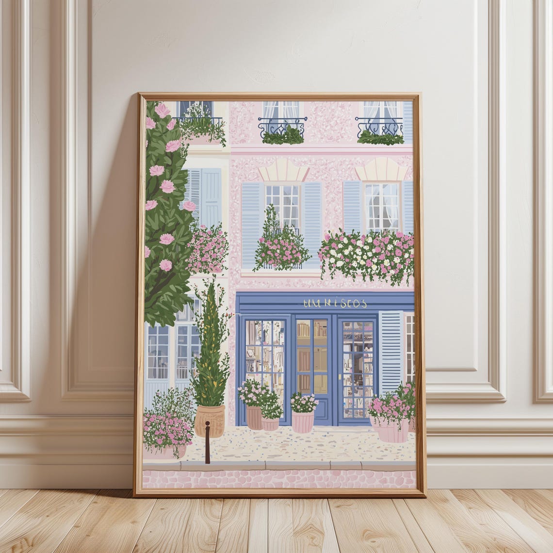 Parisian Blue Storefront Rose Tree Pink Building Spring Poster