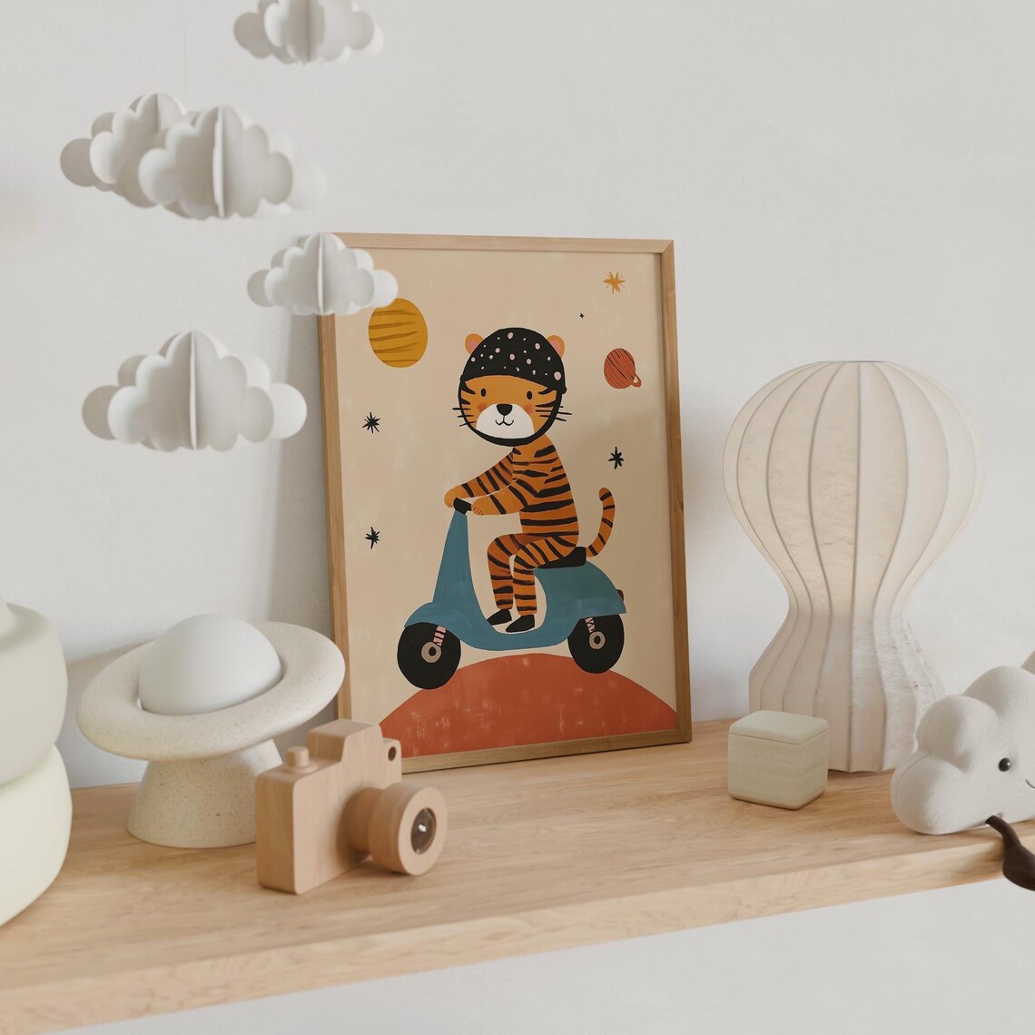 Tiger In Helmet Riding Blue Scooter On Planet Kids Space Nursery Poster - Image 3