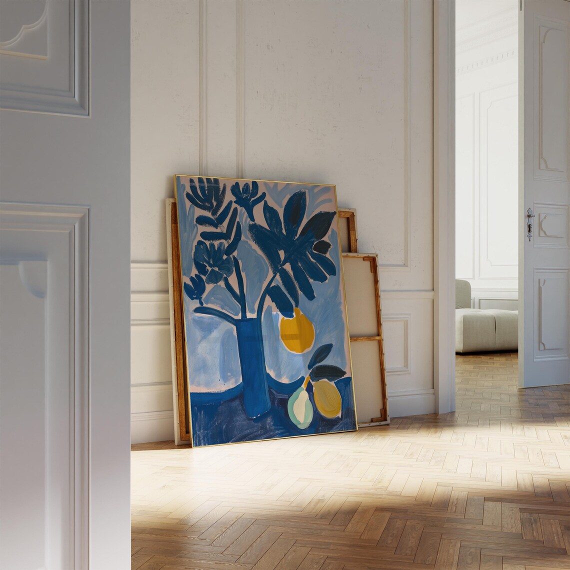 Blue Still Life Art Poster with Bold Brushstroke Blooms and Fruit - Image 2
