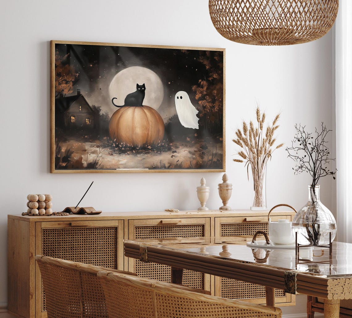 Black Cat On Giant Pumpkin With Ghost Under Full Moon Poster - Image 2