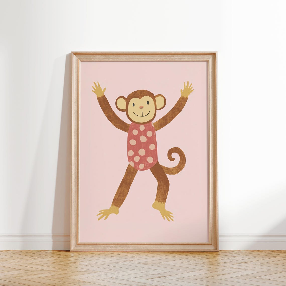 Happy Monkey Polka Dot Swimsuit Pink Nursery Playroom Wall Art