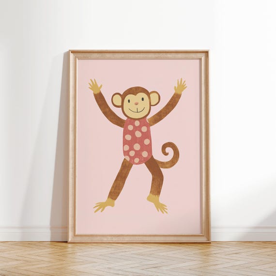 Happy Monkey Wall Art Pink Girls Room Decor Nursery Print Playroom Poster Playful Monkey Kids Room Decor Whimsical Animal Art