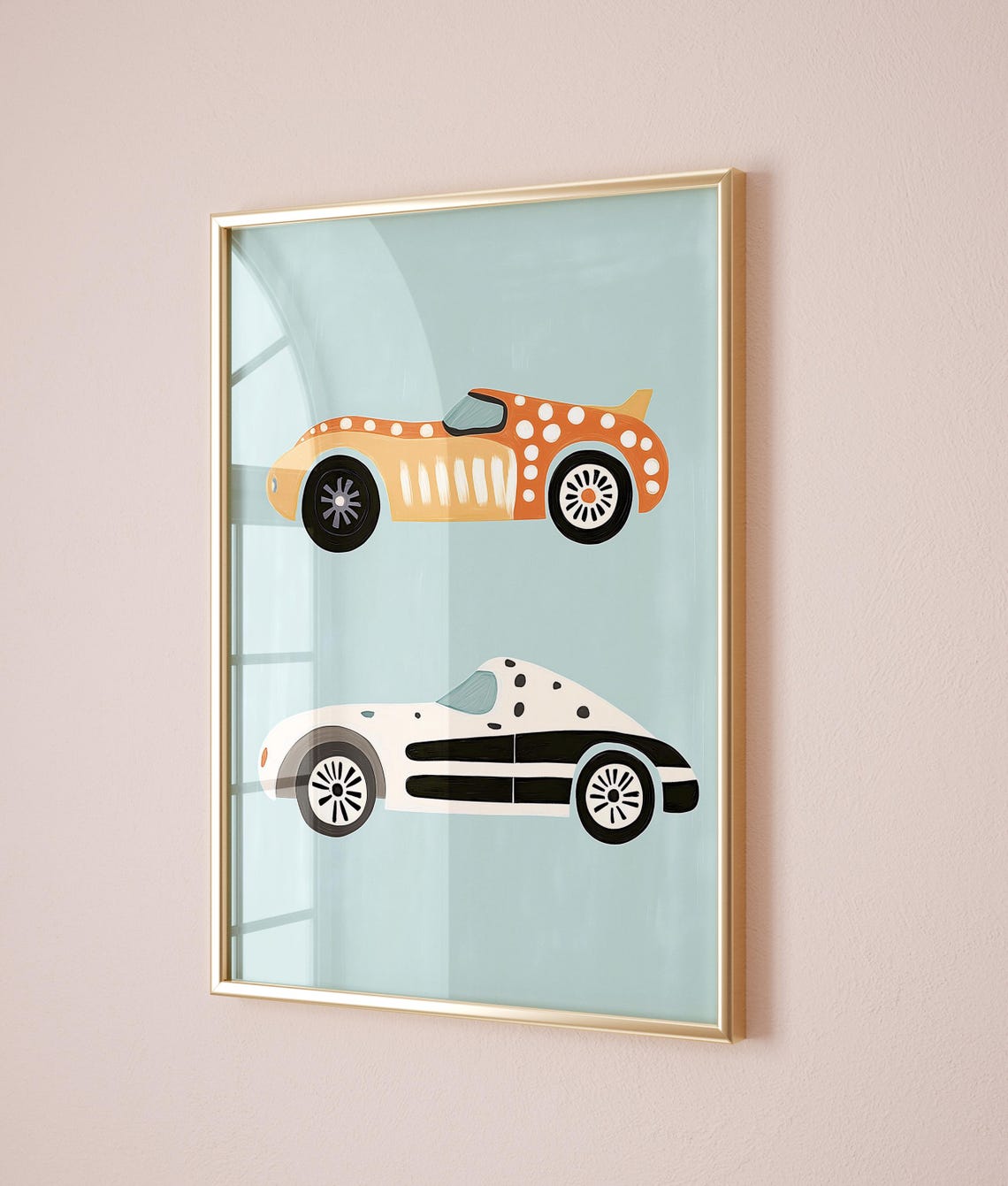 Polka Dot Race Car Pair Retro Boys Room Nursery Cars Poster Art - Image 2