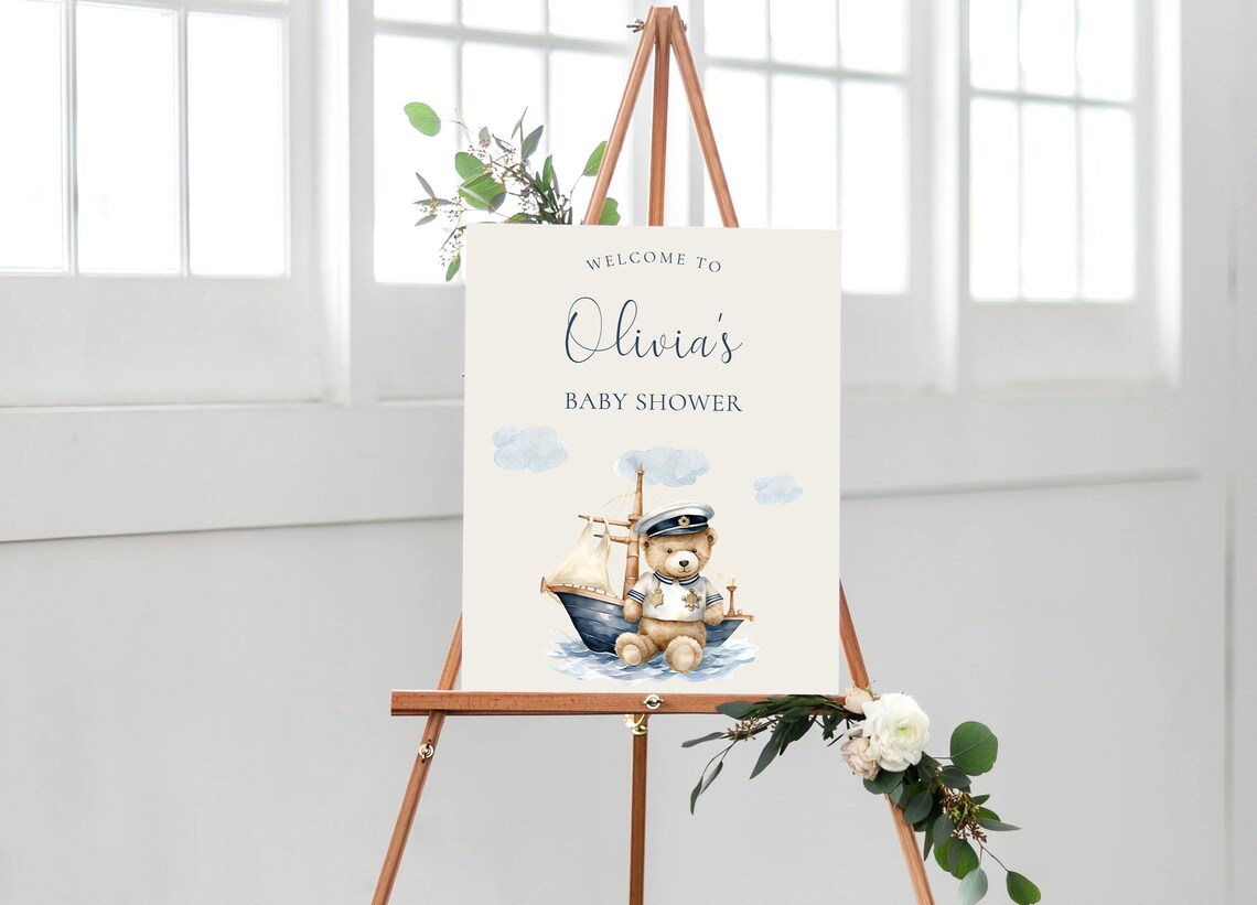 Olivia Baby Shower Welcome Sign Sailor Bear Nautical Party Poster - Image 2