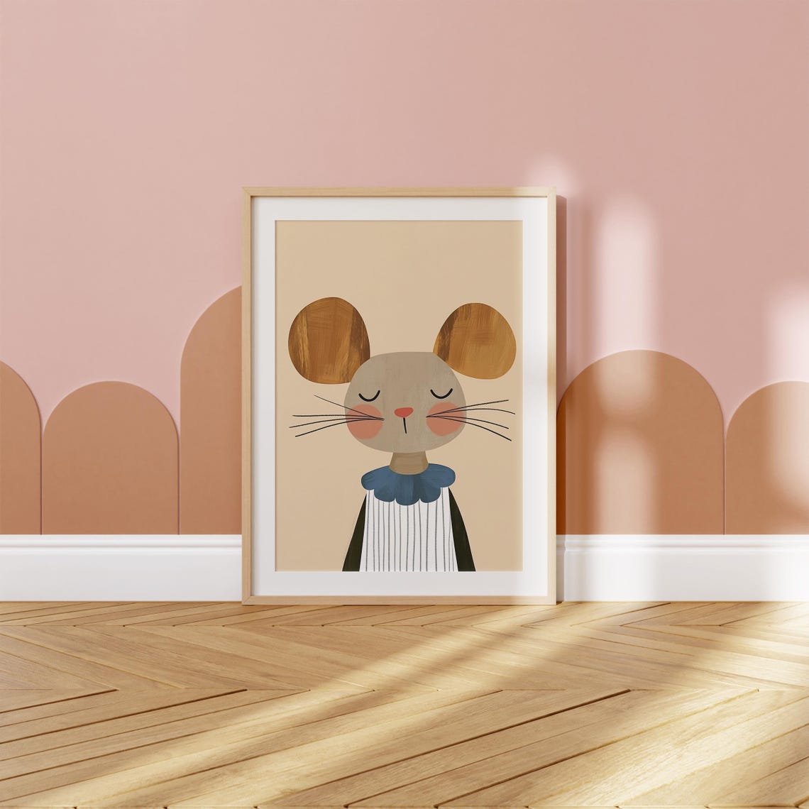 Sleepy Mouse Blue Collar Striped Dress Scandinavian Nursery Poster - Image 3