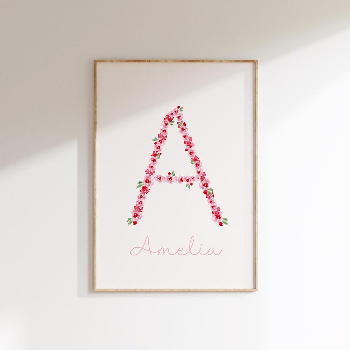 Floral Letter A With Name Pink Roses Custom Girls Nursery Decor Art Poster