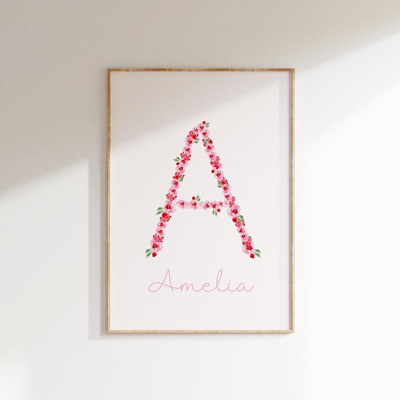 Floral Letter A With Name Pink Roses Custom Girls Nursery Decor Art Poster
