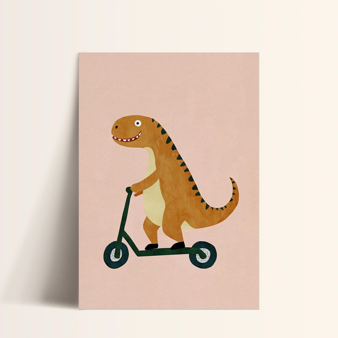 Happy Dinosaur Riding Green Scooter Cute Kids Dino Room Poster - Image 2