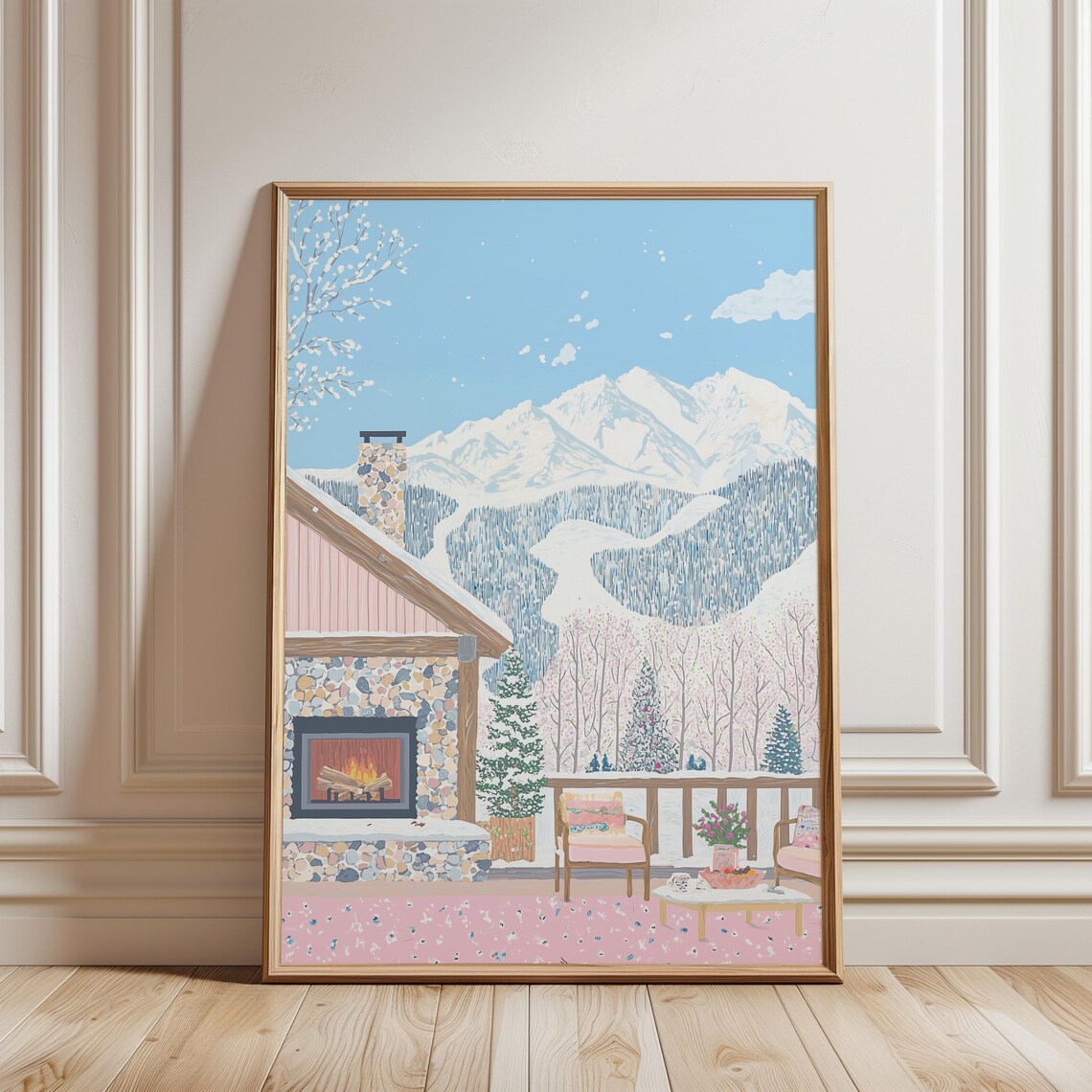 Winter Cabin Porch Fireplace Snowy Mountain Christmas Cozy Poster