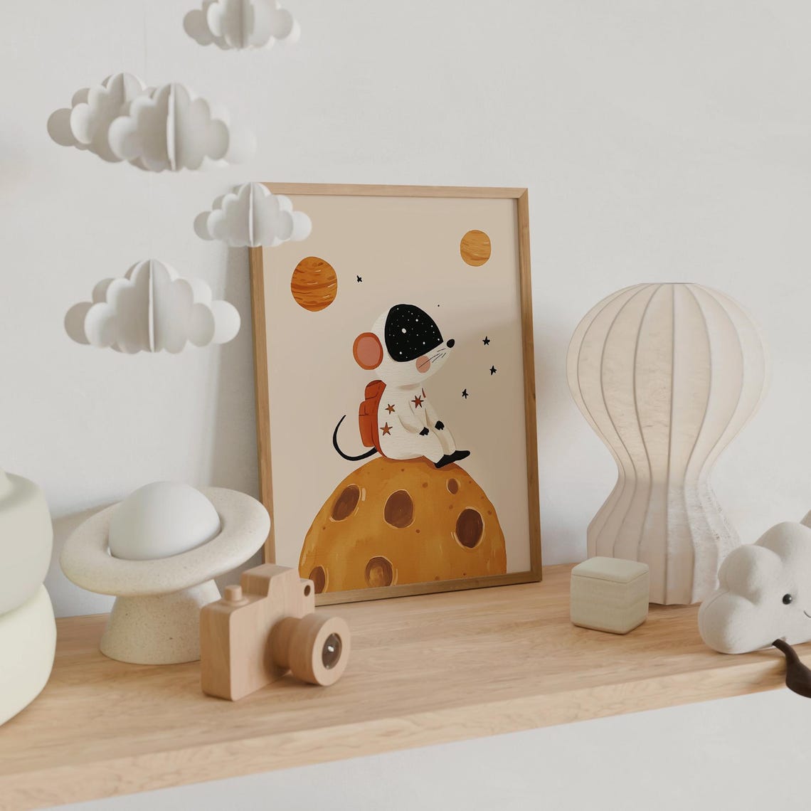 Astronaut Mouse Sitting On Moon With Planets Space Kids Nursery Poster - Image 3