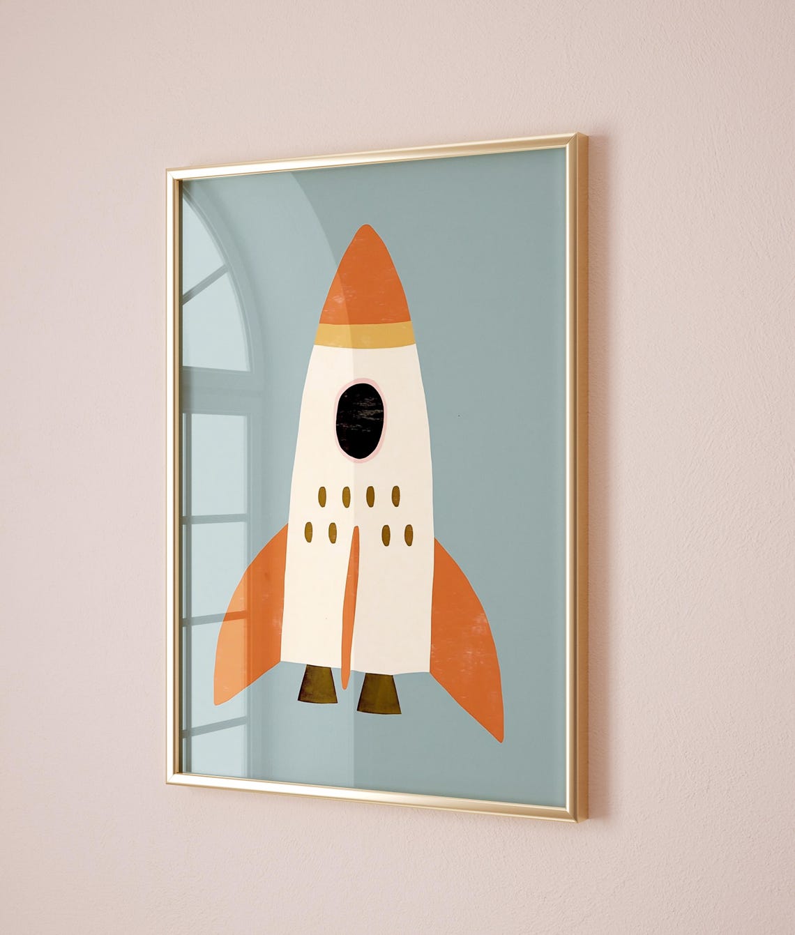 White Rocket Ship Orange Nose Blue Background Kids Room Space Poster - Image 2