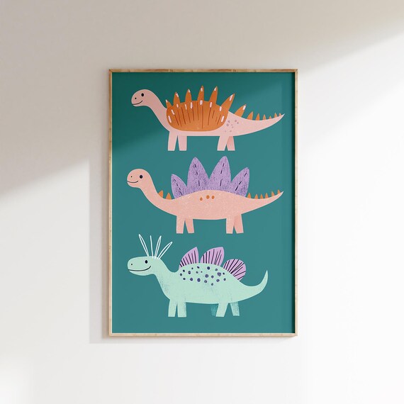 Three Smiling Dinosaurs Stacked Together On Teal Kids Poster