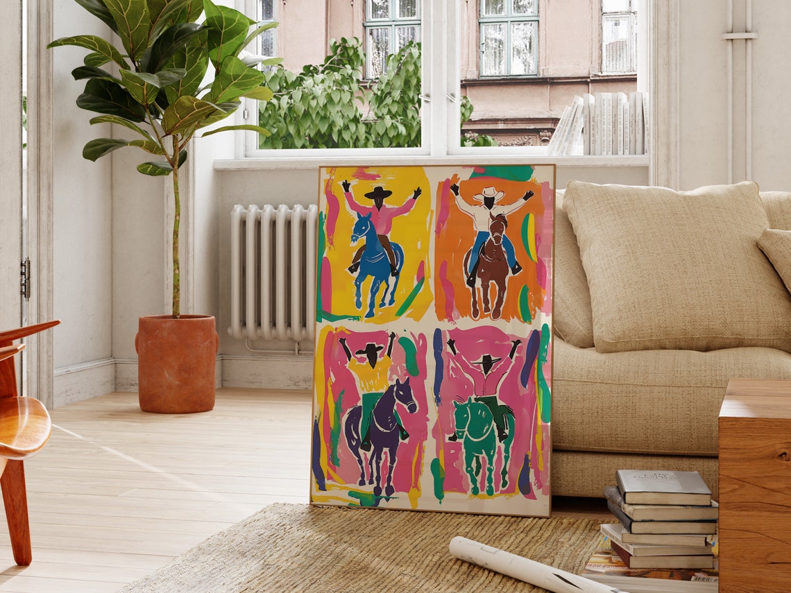 Bold Colorful Cowboy Horseback Pop Art Western Four Panel Poster