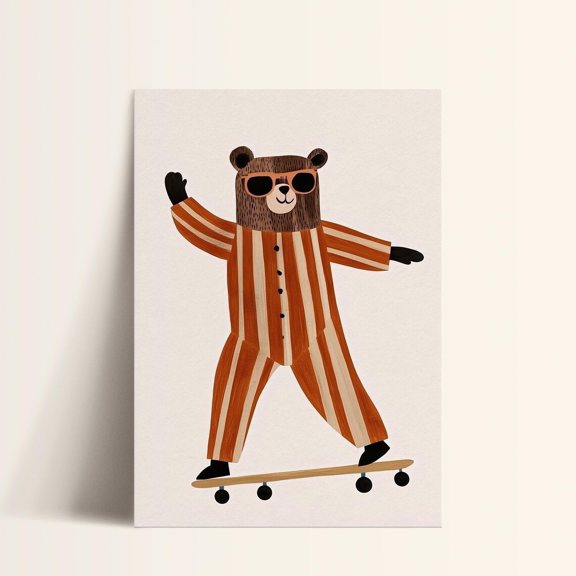 Skateboarding Bear Sunglasses Striped Pajamas Whimsical Nursery Wall Art - Image 2