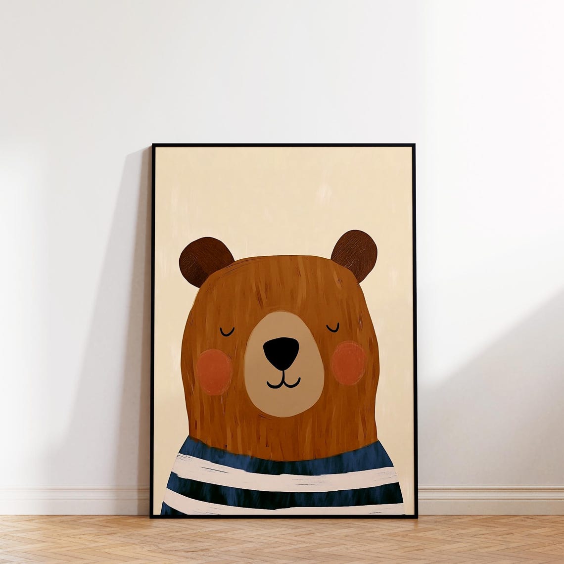 Sleepy Brown Bear Blue Striped Shirt Scandinavian Nursery Poster - Image 2