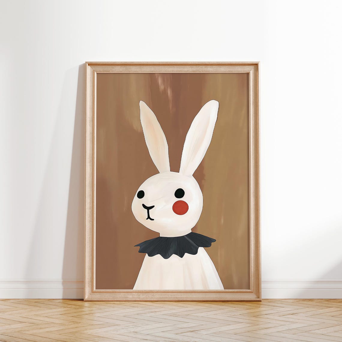 White Rabbit Red Cheek Ruffle Collar Mocha Nursery Animal Poster - Image 2