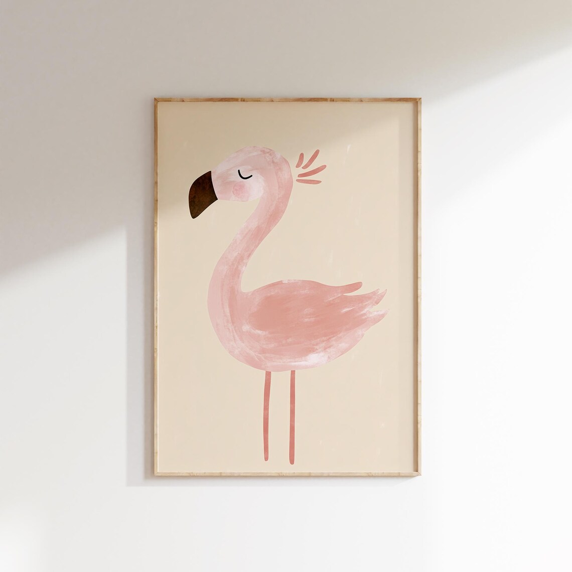 Pink Flamingo Watercolor Blush Beige Nursery Kids Room Wall Art - Image 2