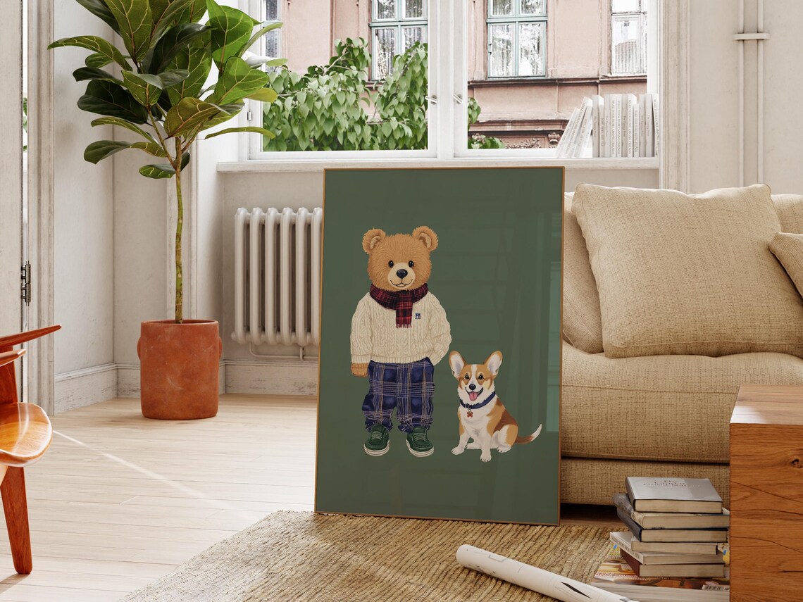 Retro Bear And Dog Nursery Art Kids Room Decor Animal Print Baby Room Poster Playroom Art Vintage Nursery Wall Art - Image 2