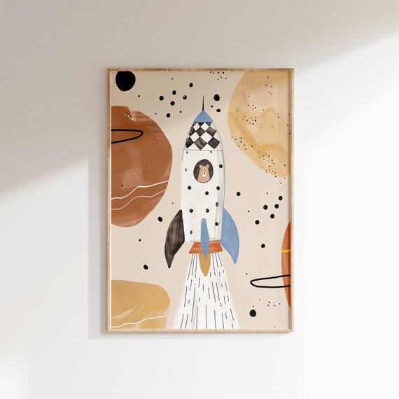 Bear Astronaut Rocket Ship Planets Space Nursery Kids Room Art Poster