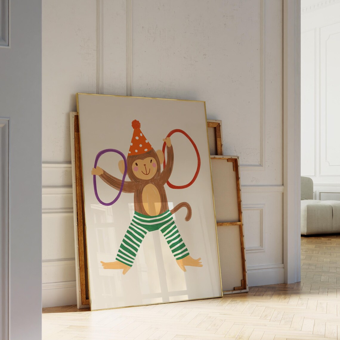Circus Monkey Red Polka Dot Hat Striped Pants Hoops Kids Room Wall Poster - Image 3