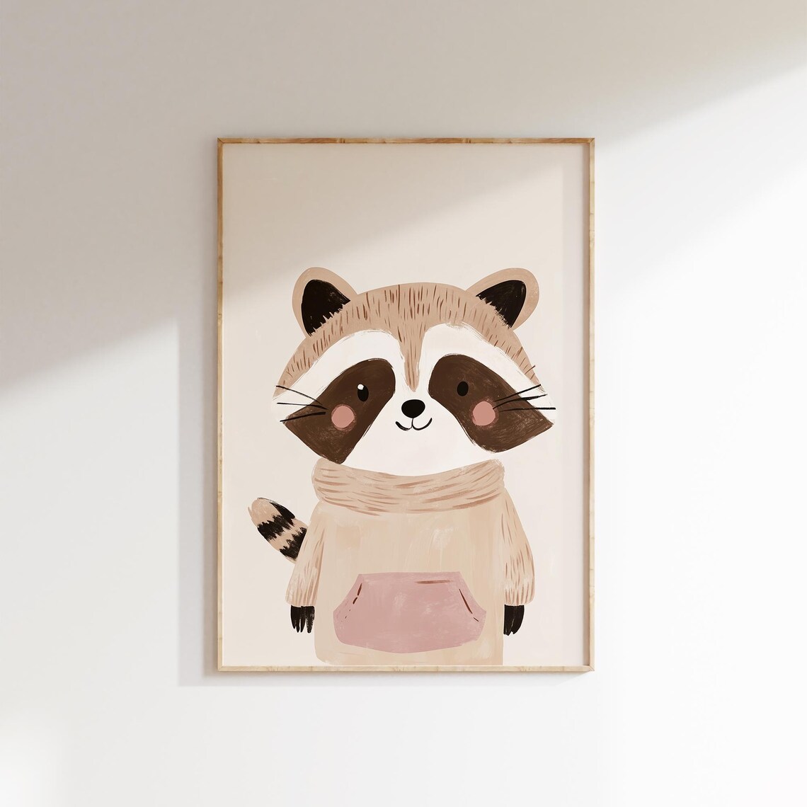 Cute Raccoon Pink Cozy Sweater Woodland Nursery Kids Room Wall Art - Image 2