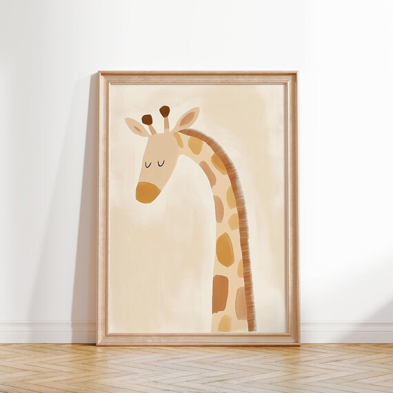 Blush Pink Baby Giraffe Watercolor Neutral Nursery Kids Wall Art
