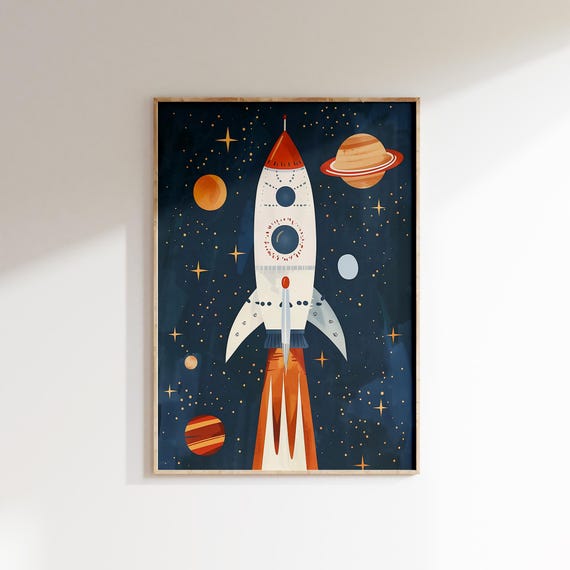 Colorful Rocket Launch With Planets Art Print Kids Room Decor Outer Space Theme Nursery Wall Art