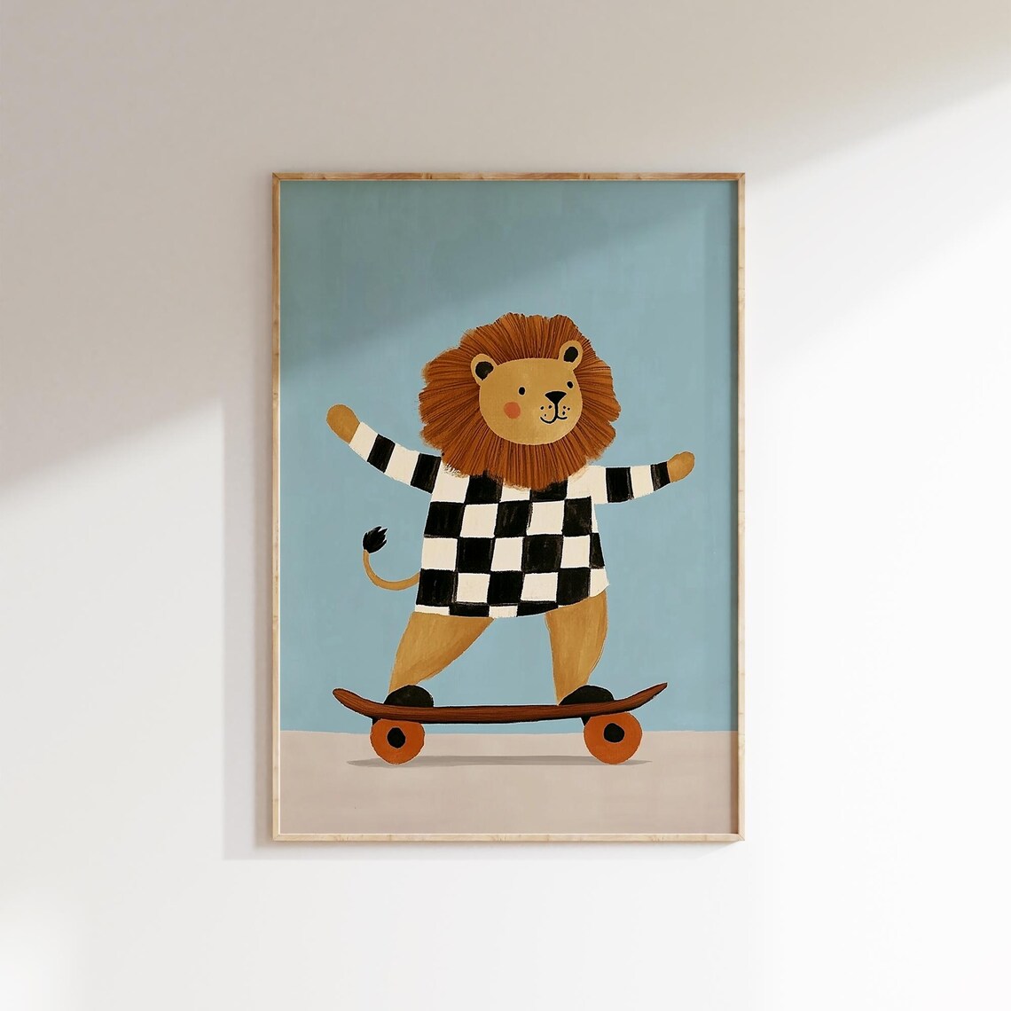 Lion Riding Skateboard in Checkered Shirt Kids Sports Art Poster - Image 3