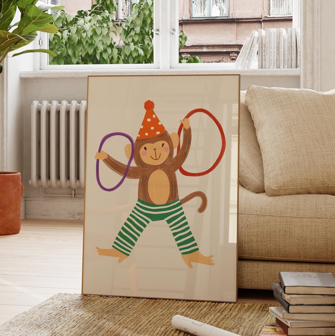 Circus Monkey Red Polka Dot Hat Striped Pants Hoops Kids Room Wall Poster - Image 2