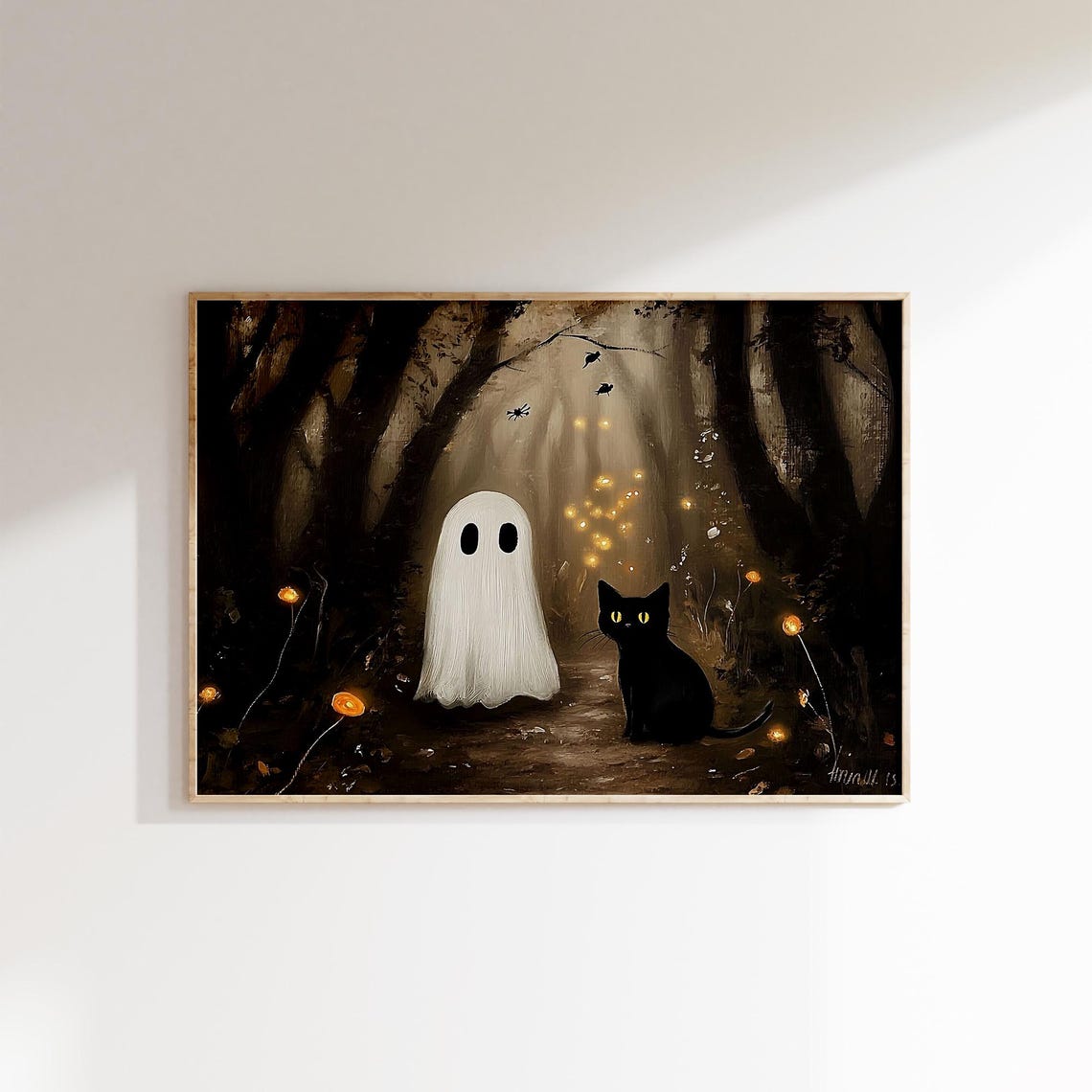 Ghost And Black Cat In Foggy Woods With Fireflies Night Poster