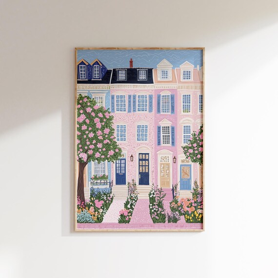 Pink Townhouses Street with Flowering Trees Pastel City Illustration Poster
