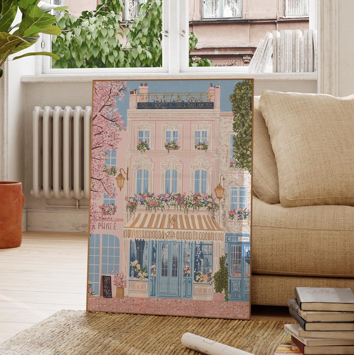 Parisian Pink Storefront Blue Doors Cherry Blossom Spring Poster - Image 2