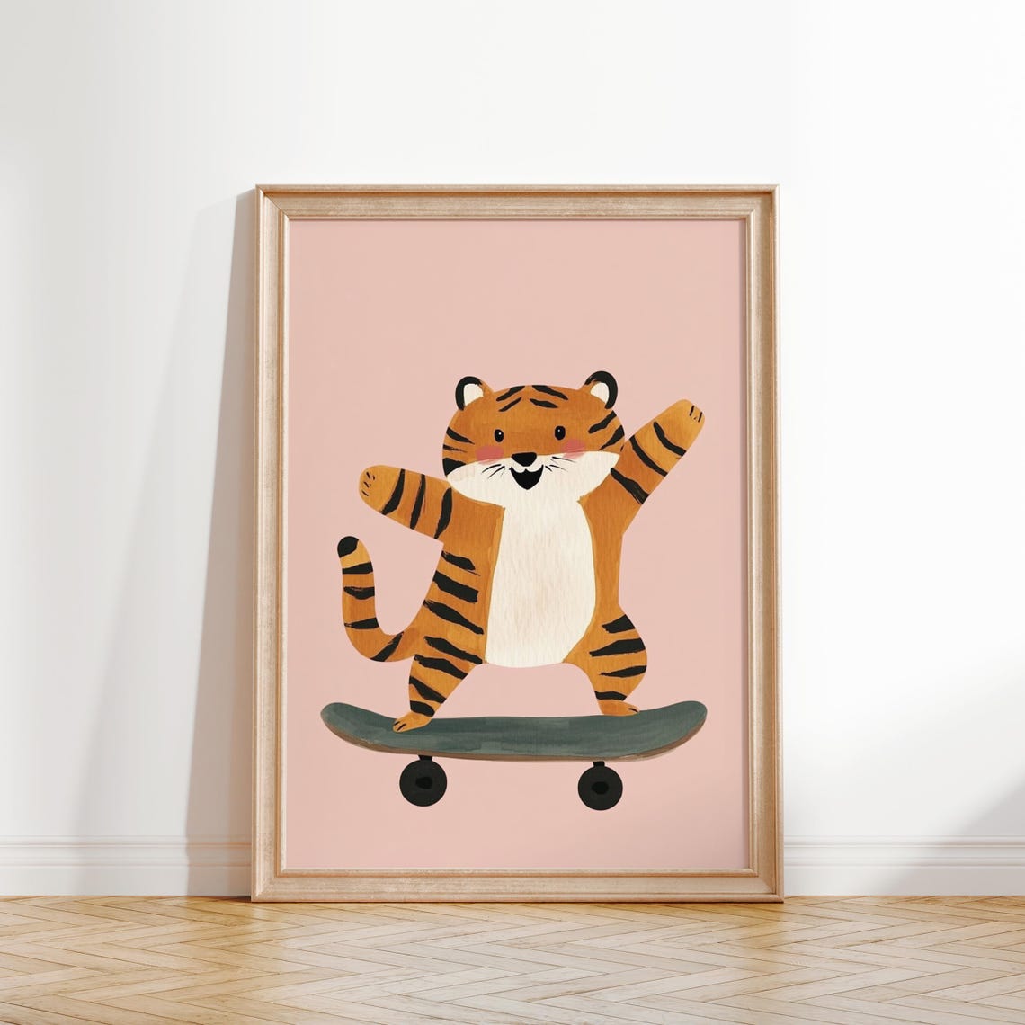 Skateboarding Tiger Nursery Kids Room Cool Pink Modern Wall Art - Image 2