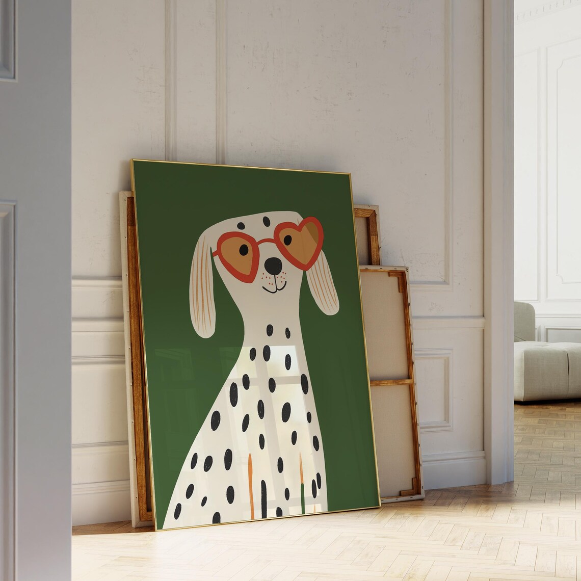 Dalmatian Dog In Red Heart Sunglasses Green Nursery Art Print - Image 5