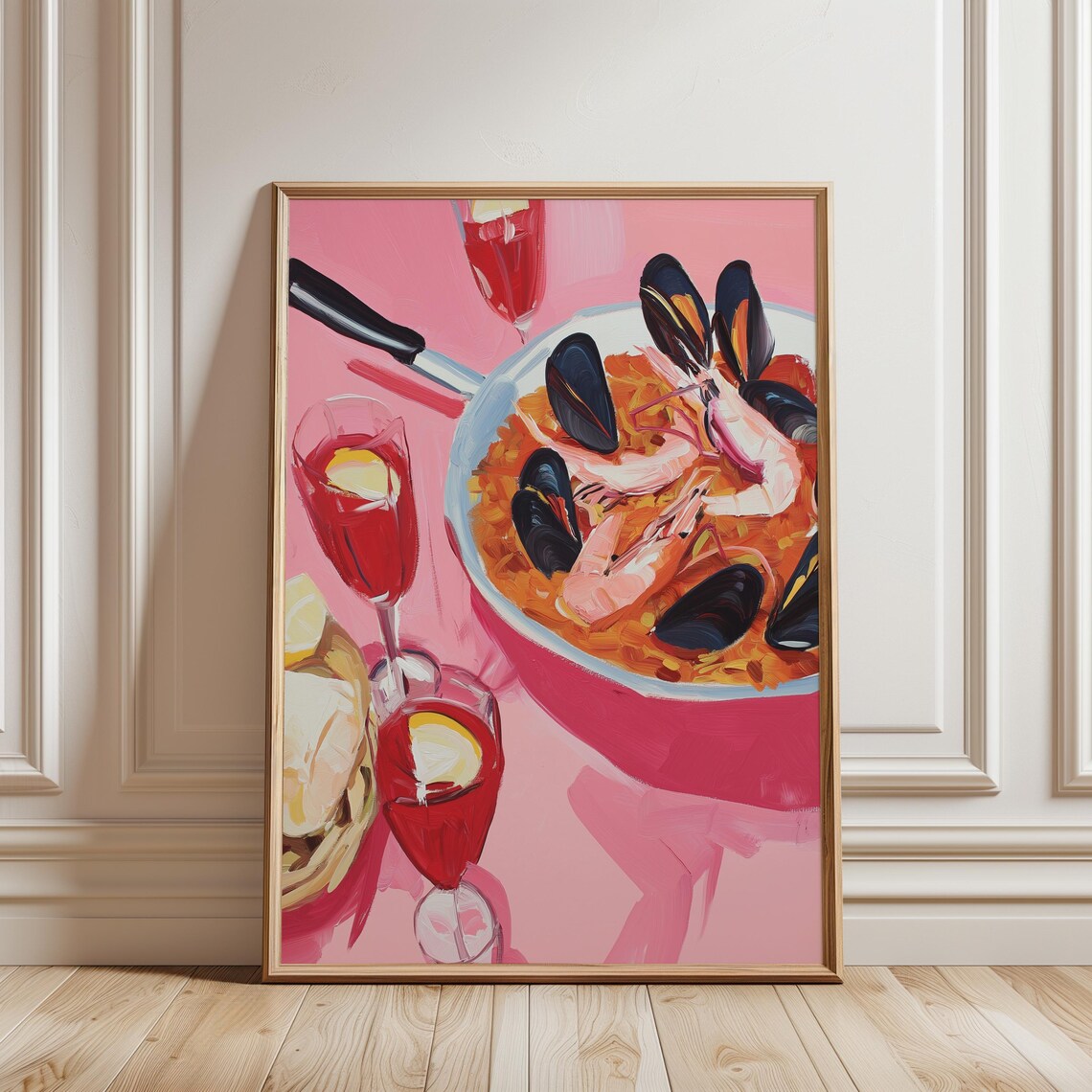 Spanish Seafood Paella Pan Mussels Prawns Pink Kitchen Art Poster - Image 2