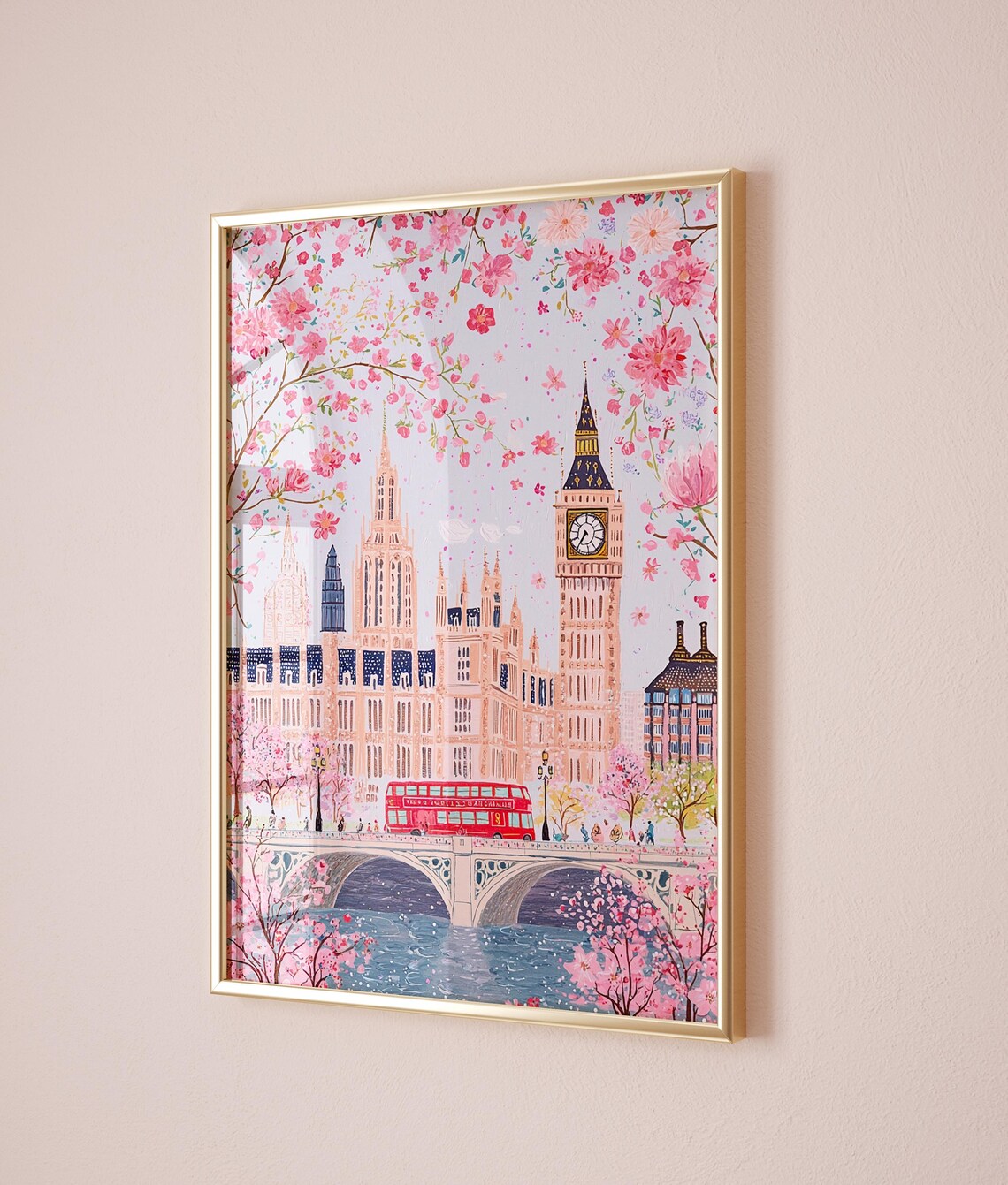 Big Ben Parliament Cherry Blossom London Red Bus Thames Bridge Poster